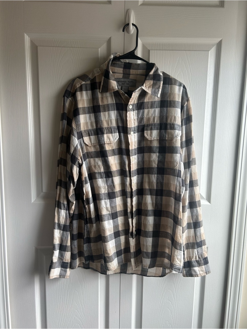 Michael Kors Beige and Black Plaid Button-Front Blouse